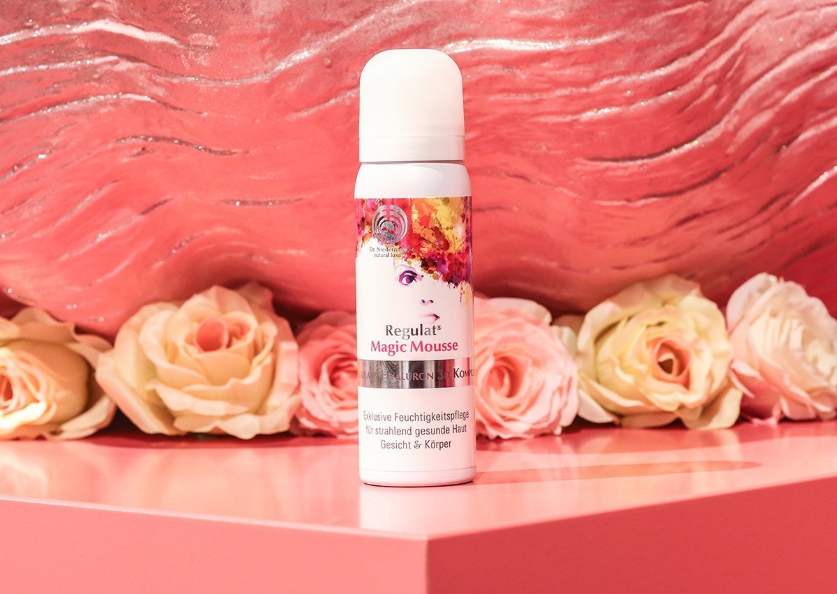 Dr. Niedermaier's newly-launched Regulat Magic Mousse in front of the brand's large fountain installation at IBE Berlin 2019. (The Biggest Beauty Trends From The First IBE Berlin)